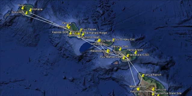 Map of Hawaii showing primary microwave links between islands.