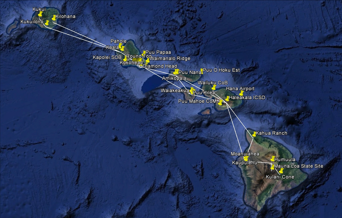 Map of Hawaii showing primary microwave links between islands.